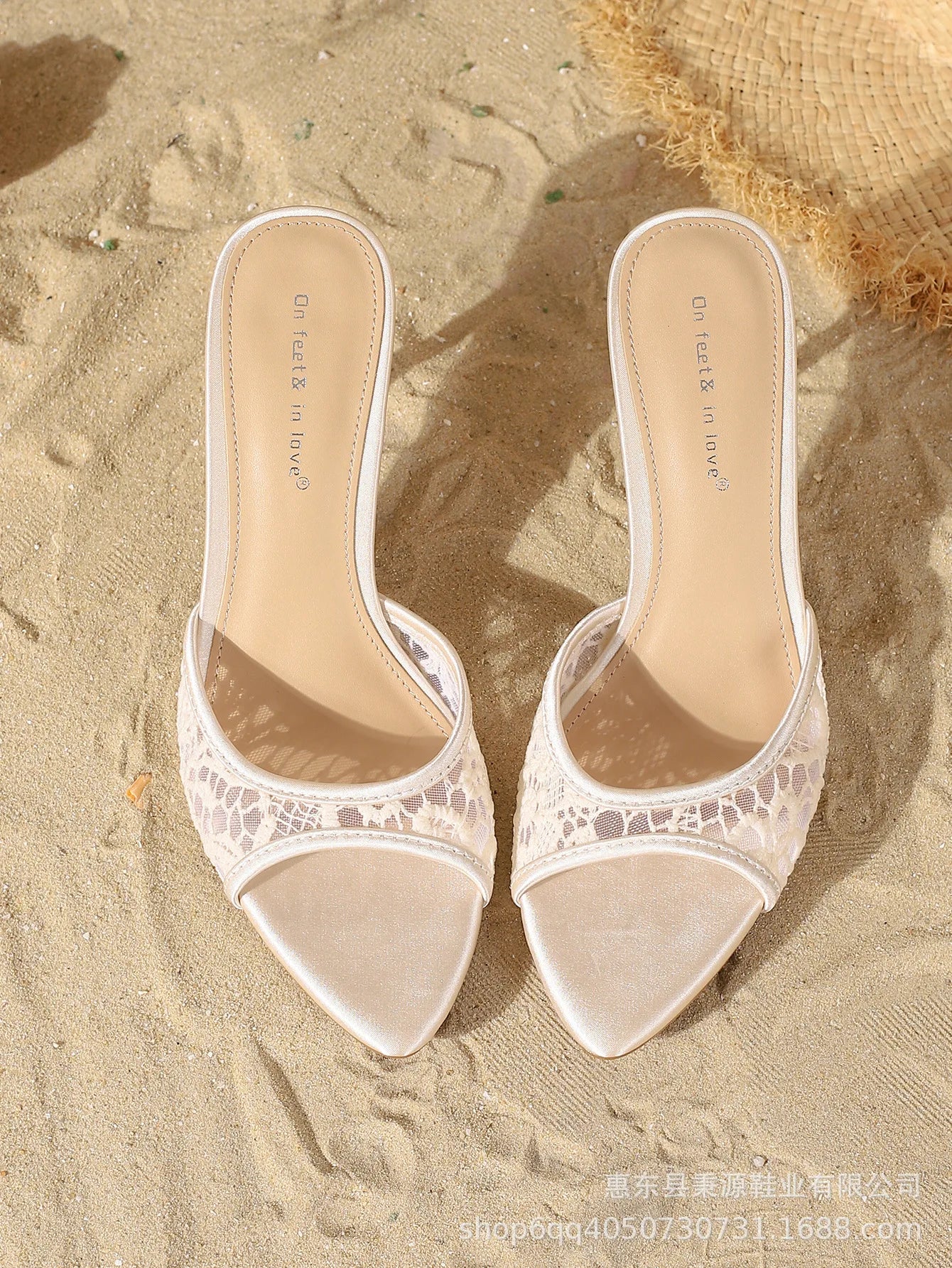 Zapatillas de mujer de tacón alto fino con bordado de malla elegante, sandalias deslizantes sexis con punta abierta y punta estrecha, zapatos cómodos de verano para mujer