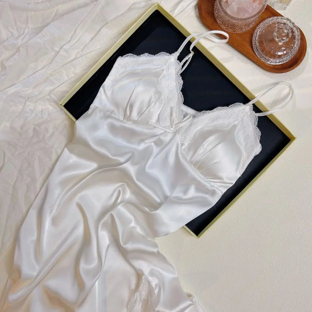 Vestido de pijama con lazo de encaje para mujer, camisón con tirantes de seda helada sin mangas dividido, ropa de dormir, camisón fino con tirantes, chica picante