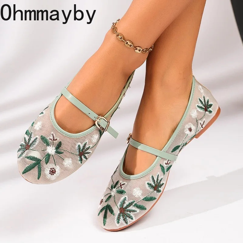 Zapatos Mary Jane de malla con bordado floral de primavera para mujer, zapatos con correa y hebilla concisa, zapatos de suela suave, zapatos planos de ballet transpirables para mujer