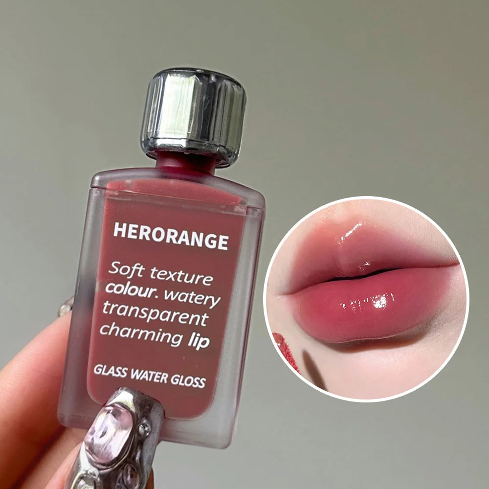 Brillo de agua de vidrio ligeramente, esmalte de labios Herorange, espejo hidratante, labios regordetes, no es fácil de pegar en la taza, maquillaje de larga duración