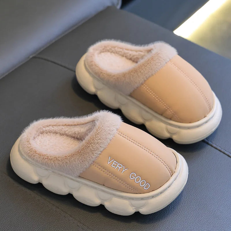 Zapatillas antideslizantes impermeables para niños, zapatos de casa de felpa cálidos para invierno para niños y niñas, uso doméstico en interiores y exteriores