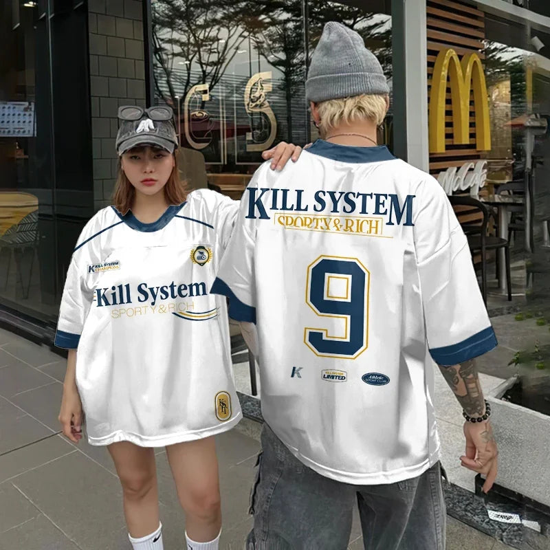 Vivodeco oversized white short sleeve shirts with blue trim and Kill System graphics, modeled as casual streetwear outside a storefront, including a bold number 9 design