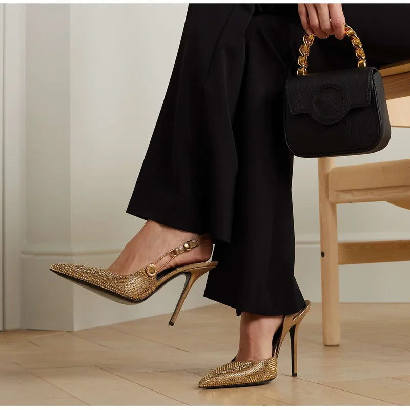 Zapatos de tacón de lujo con hebilla de lentejuelas y diamantes de imitación para mujer, zapatos de tacón alto de aguja con punta estrecha, zapatos de moda para primavera y verano