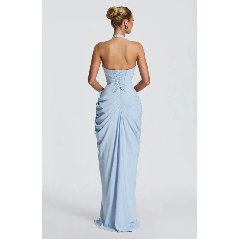 Vestido Maxi Plisado Sólido Sexy con Cuello Halter para Mujer, sin Mangas, sin Espalda, con Cintura Ajustada y Abertura, Vestidos de Fiesta de Verano 2026