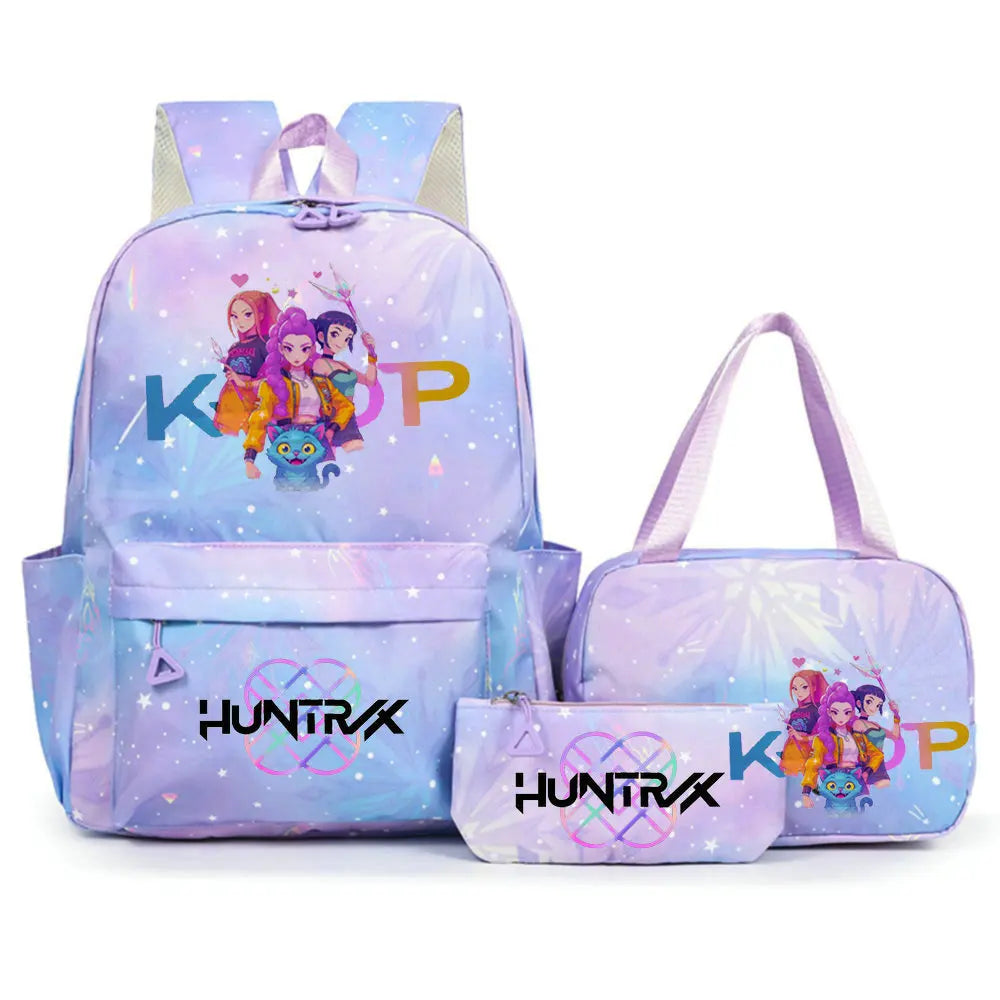 Conjunto de mochila con estampado de KPop Demon Hunters con bolsa para el almuerzo y estuche para lápices, mochila para exteriores de gran capacidad, ligera y transpirable
