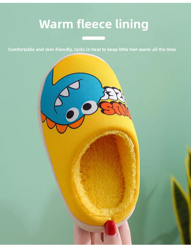 Zapatillas con patrón de dinosaurio de dibujos animados para niños y niñas, bonitos zapatos de felpa, zapatos cálidos adecuados para interiores de otoño e invierno