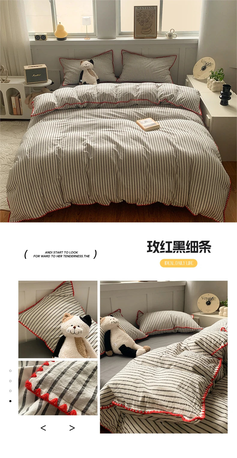 Juego de cama 100% de algodón a rayas, funda nórdica con funda de almohada, funda de edredón, tamaño King
