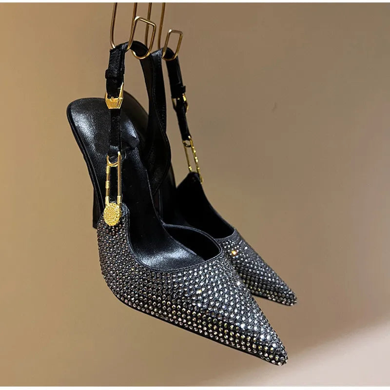 Zapatos de tacón de lujo con hebilla de lentejuelas y diamantes de imitación para mujer, zapatos de tacón alto de aguja con punta estrecha, zapatos de moda para primavera y verano