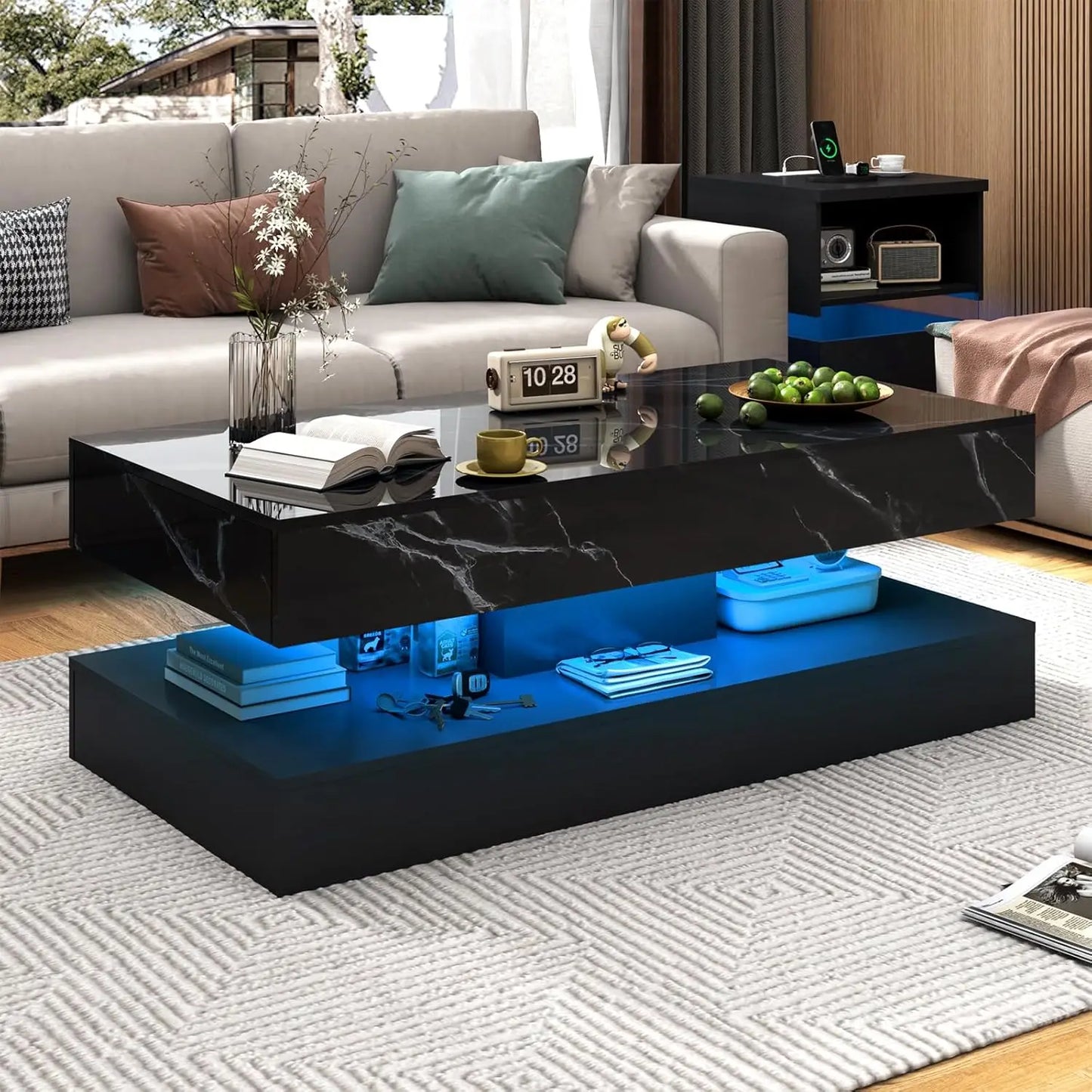 Mesa de Centro Moderna y Elegante con Luces LED, Diseño de Doble Capa para Sala de Estar con 2 Cajones de Almacenamiento