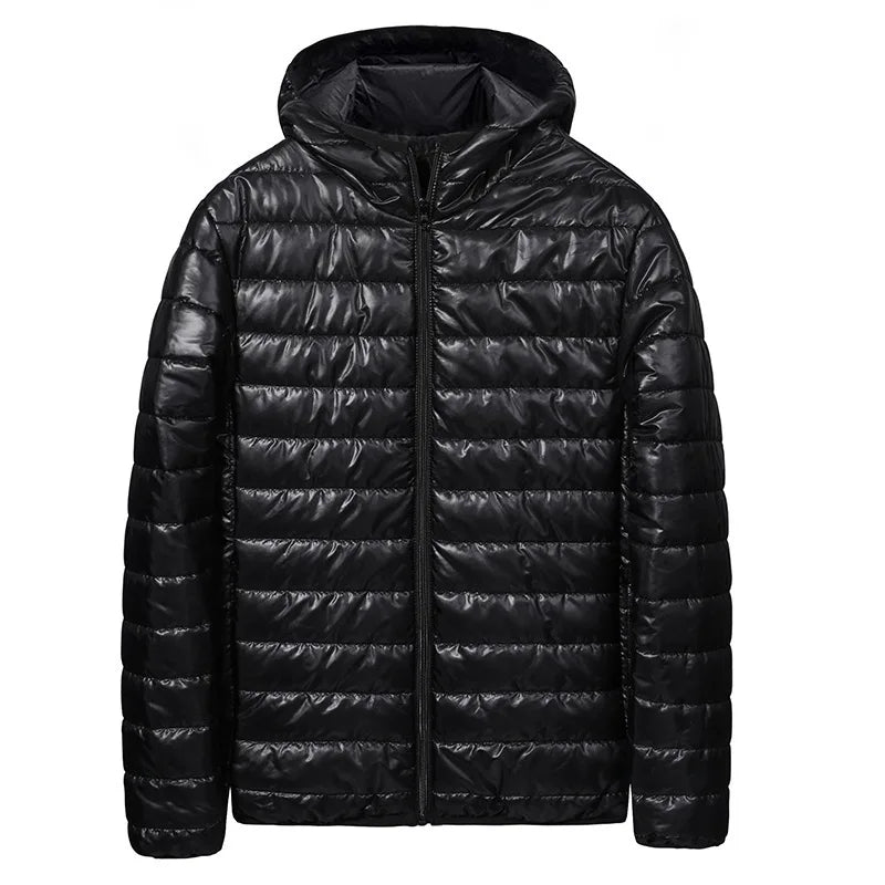 Chaqueta de plumón ligera para hombre, estilo nuevo de otoño-invierno, tipo abrigo acolchado, con cierre de cremallera y capucha, de fibra de poliéster.