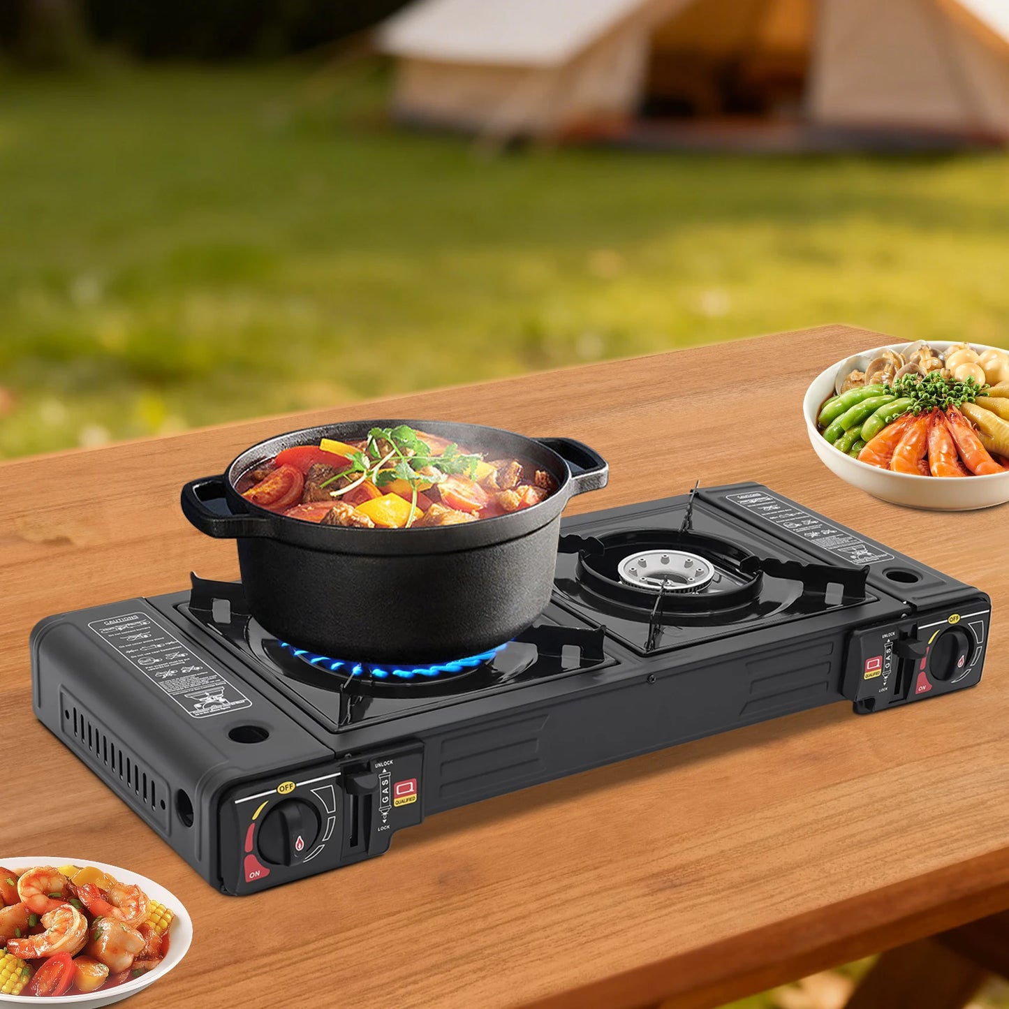 Estufa de Camping portátil de 2 quemadores, estufa de Gas butano/GLP de encendido automático de 2,5 kW con bandeja para hornear + Estuche de transporte para barbacoa pícnic al aire libre RV