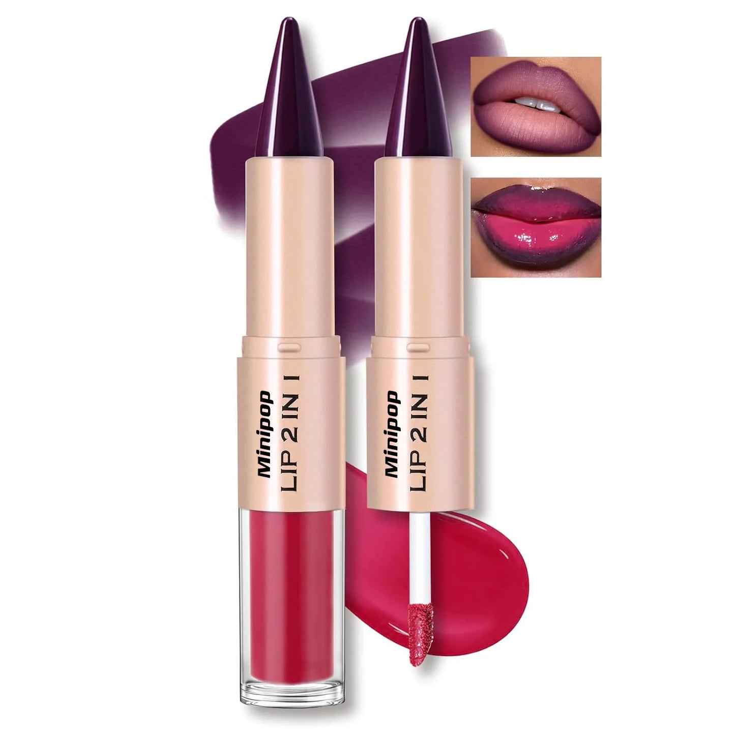 Brillo Labial 2 en 1 de Doble Punta, Delineador y Lápiz Labial, Impermeable, de Larga Duración, Voluminizador, Mate, Hidratante, Brillante, con Tinte Natural