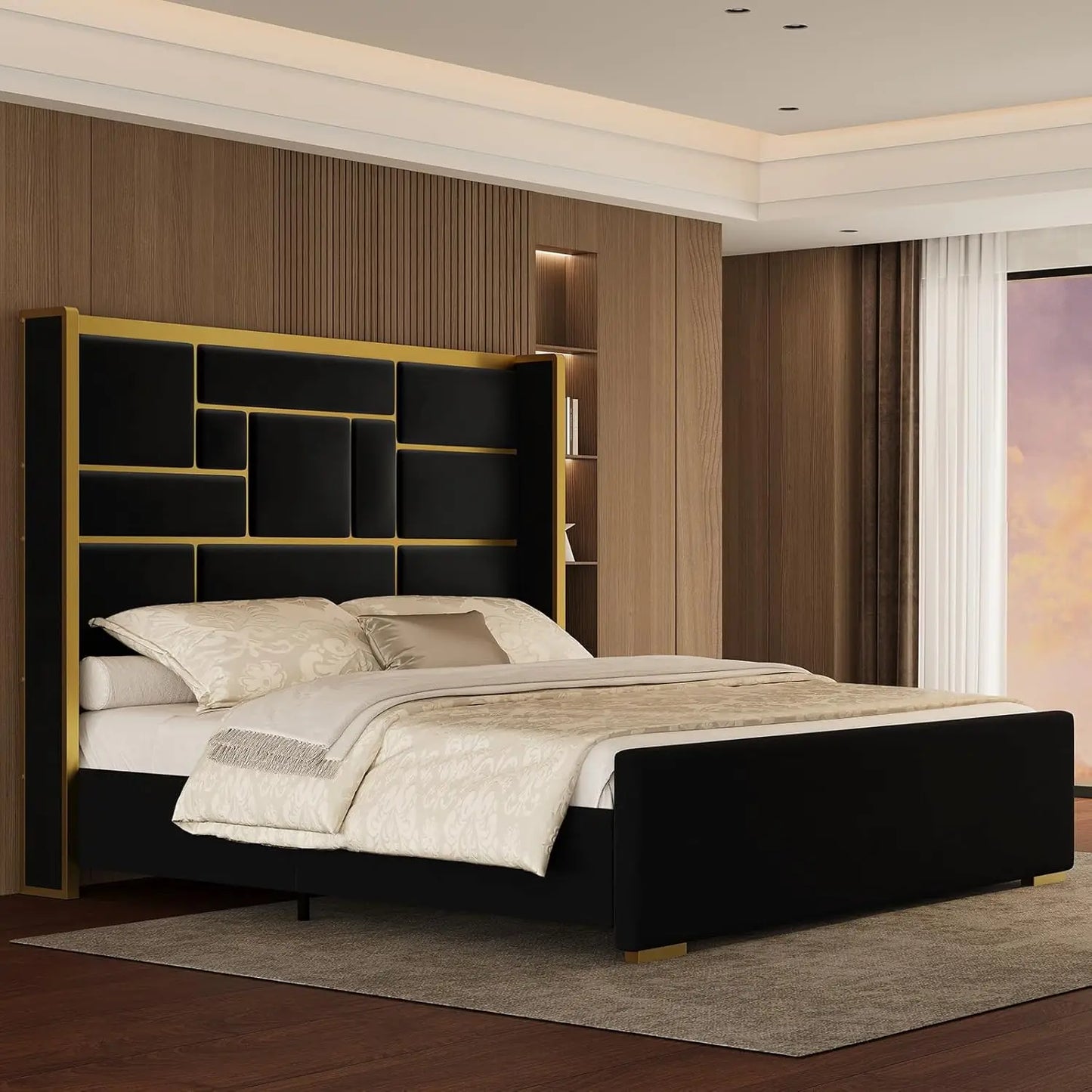 Base de Cama con Cabecera de 55.12 Pulgadas de Alto, Cama de Plataforma Moderna y Lujosa Tapizada en Terciopelo con Detalles en Dorado, Cabecero Ancho, Personalizable