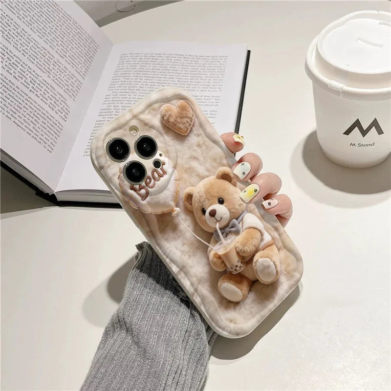 Funda de Teléfono con Diseño de Oso de Peluche y Té de Perlas para iPhone 17 Pro Max 16 11 12 13 14 15 Plus 17 Air 16E, Funda de Silicona Suave