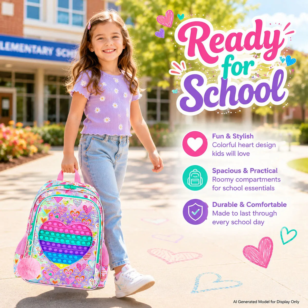 Juego de 3 Piezas de Mochila Pop It Fidget para Niñas con Lonchera, Estuche para Lápices y Llavero con Pompones, Regalo de Útiles Escolares para Niños