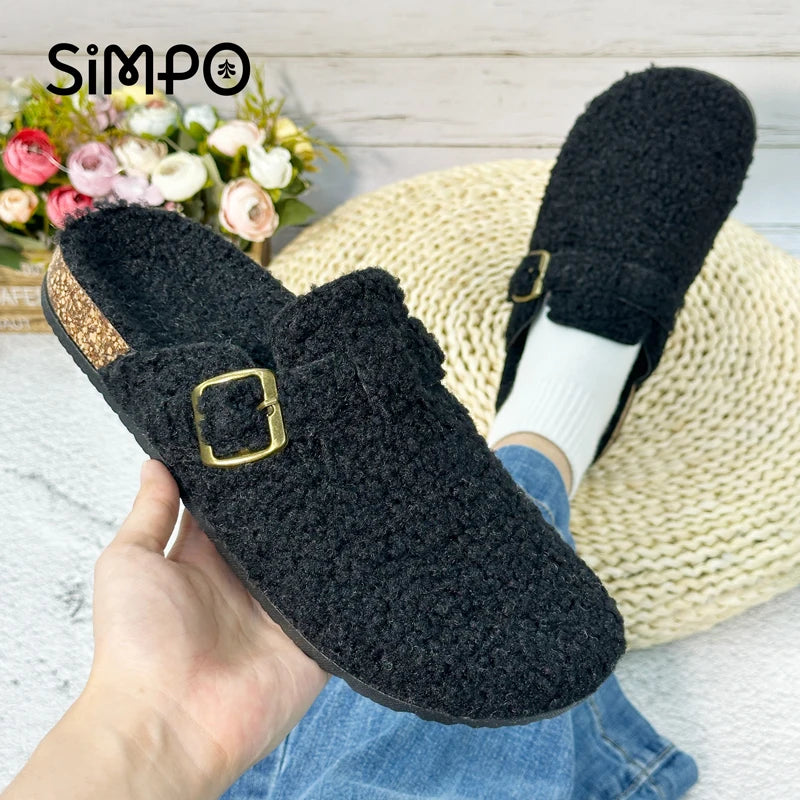 Otoño e Invierno nuevas mujeres y hombres tela de gamuza zapatilla de punta cerrada interior o exterior Slip-on Retro Sandalias planas duraderas