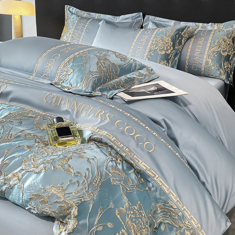 Juego de cama europeo de alta gama, juego de cuatro piezas de algodón de lujo, funda de edredón bordada de algodón, sábanas, sombreros, ropa de cama para personas mayores