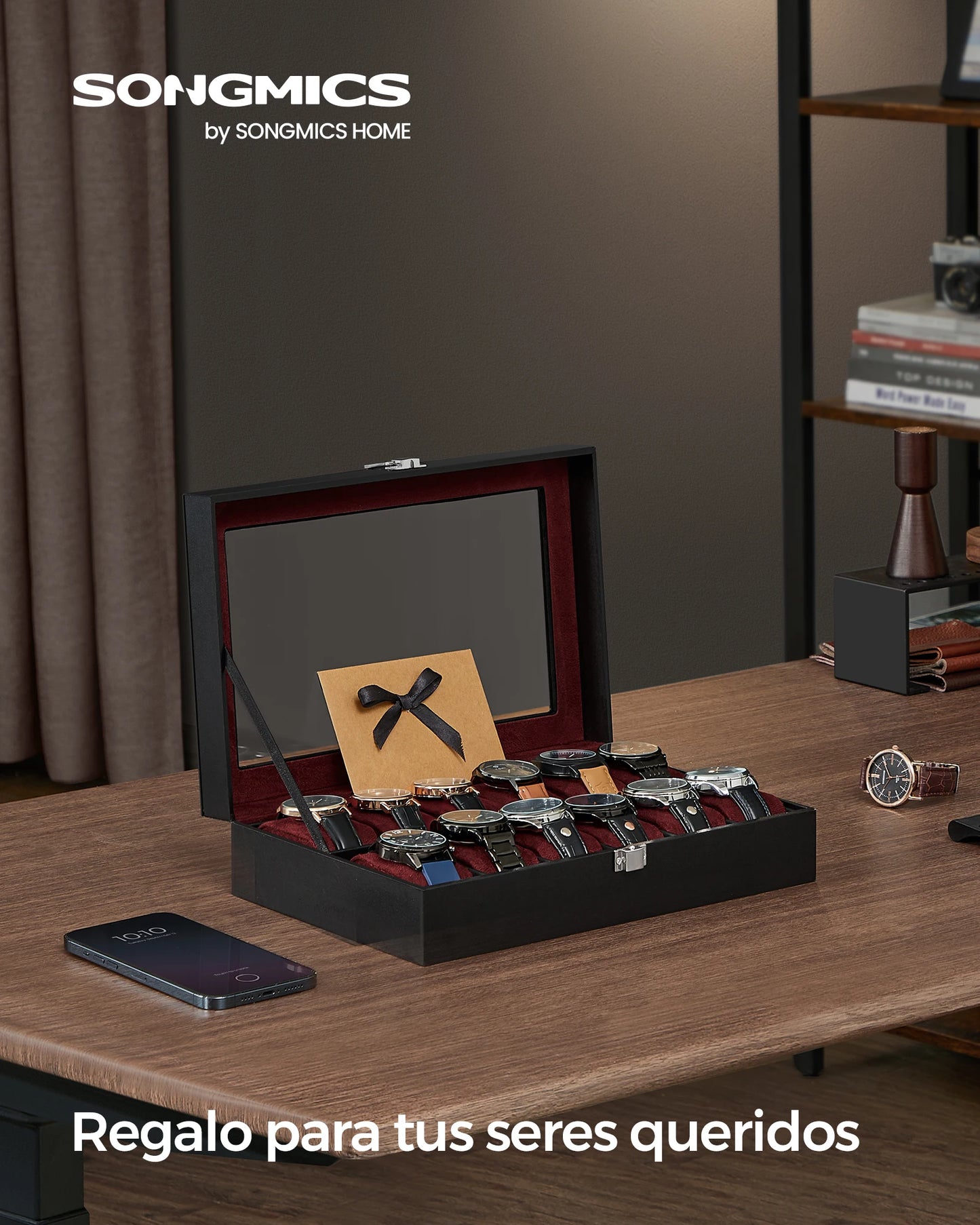 SONGMICS Caja de reloj con 12 ranuras, forro gris verdastro/forro rojo vino/forro beige capuchino/forro beige verdoso