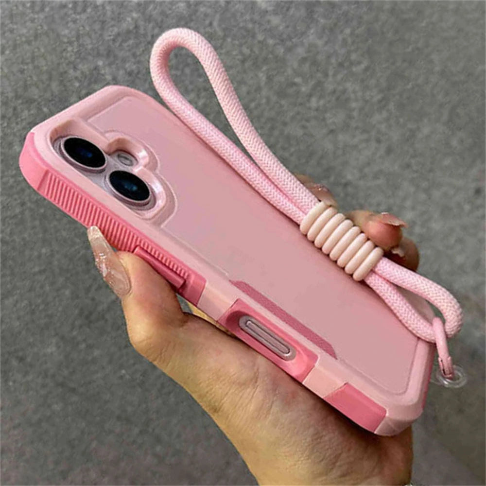 Armadura de parachoques híbrida de lujo, pulsera, correa para muñeca, cordón, funda de teléfono para iPhone 17 16 11 12 13 14 15 Pro Max XR, funda a prueba de golpes