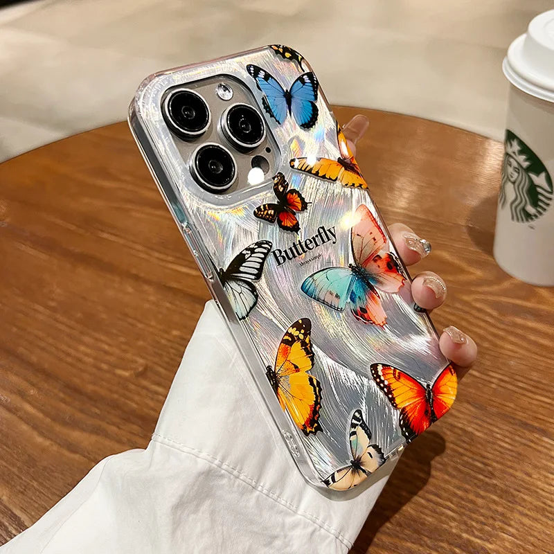 Funda de teléfono de arena con plumas graduales plateadas y mariposas de lujo para iPhone 16 15 14 13 12 11 Pro Max X XR 7 8 Plus, funda con cordón