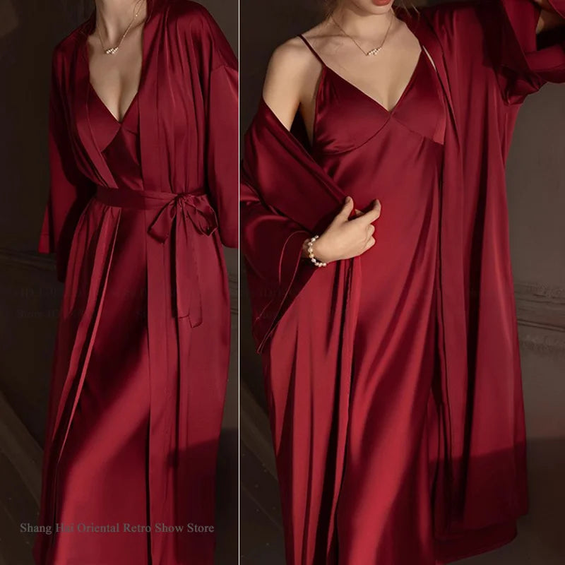 Elegante Conjunto de Bata Larga para Mujer, Lencería Sexy, Ropa de Dormir, Kimono Holgado, Bata de Baño, Vestido de Casa de Satén Sedoso, Ropa de Estar