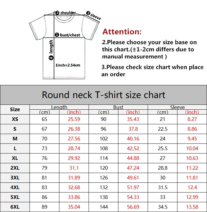 Vivodeco round neck T shirt size chart showing length, bust, and sleeve measurements from XS to 6XL in centimeters and inches
