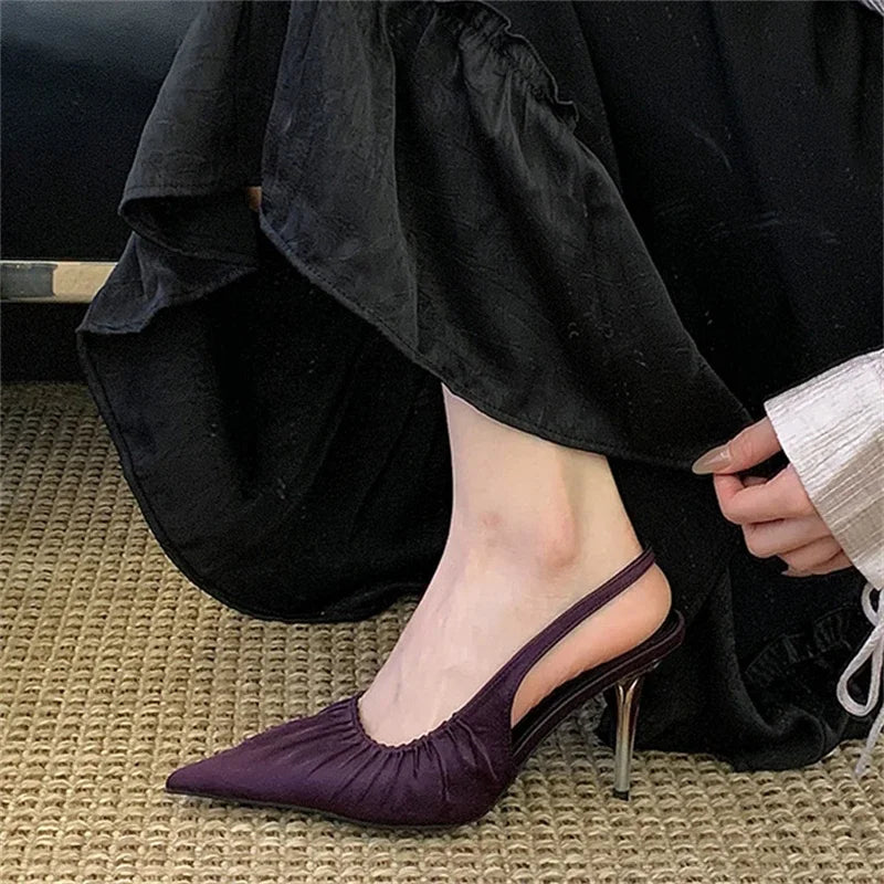 Aneikeh, moda de verano, diseño elegante, satén plisado, puntiagudos, zapatos de tacón con talón descubierto, sandalias sexis para mujer, tacones altos finos, zapatos de banquete