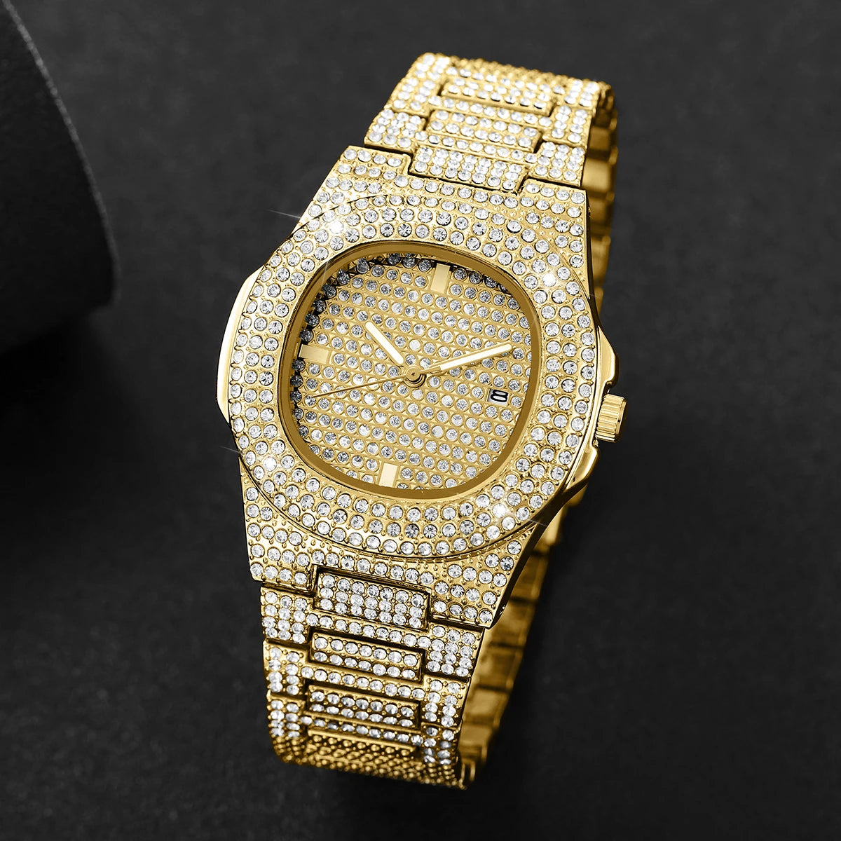 Relojes de Lujo para Hombre de Acero Inoxidable con Diamantes Completos, Reloj de Pulsera Deportivo de Cuarzo con Calendario