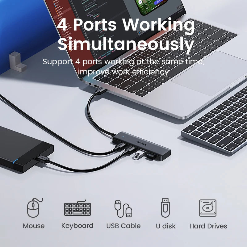 UGREEN HUB USB 3.0 de 4 Puertos, HUB USB-C Delgado para Ratón y Teclado, Compatible con MacBook Pro, Air, Laptop, PC de Escritorio, Xbox, PS5, Splitter
