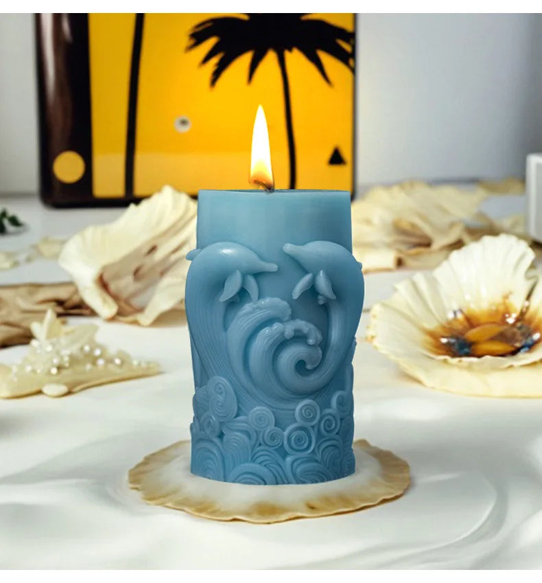 DIY estilo océano vela cilíndrica en relieve molde de silicona estrella de mar concha molde de resina cilíndrica ondas vieira moldes de yeso coral