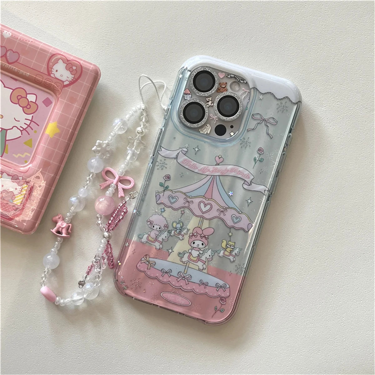 Funda de teléfono Kawaii carrusel Melody Bow para iPhone 16 Pro 15 14 Pro Max, funda con correa de cadena de mano, fundas bonitas a prueba de golpes