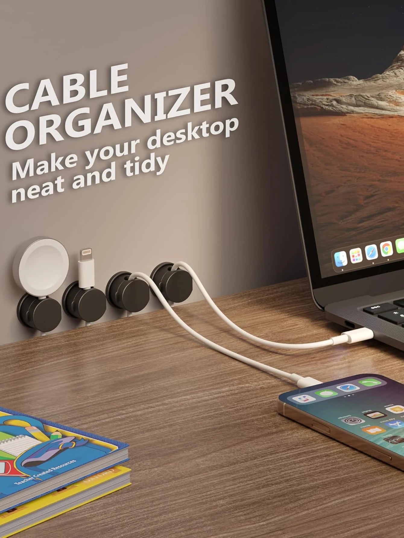 6 Clips Magnéticos para Cables, Organizador de Cables Ajustable, Soporte para Cables Debajo del Escritorio, Gestión de Cables