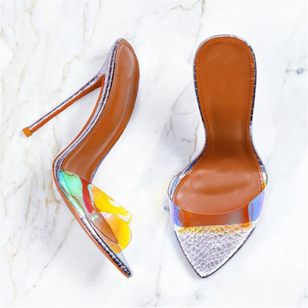 Novedad de verano, zapatillas sexis de moda de PVC transparente de charol puntiagudo, vestido de banquete de tacón alto fino, sandalia de mujer de gran tamaño