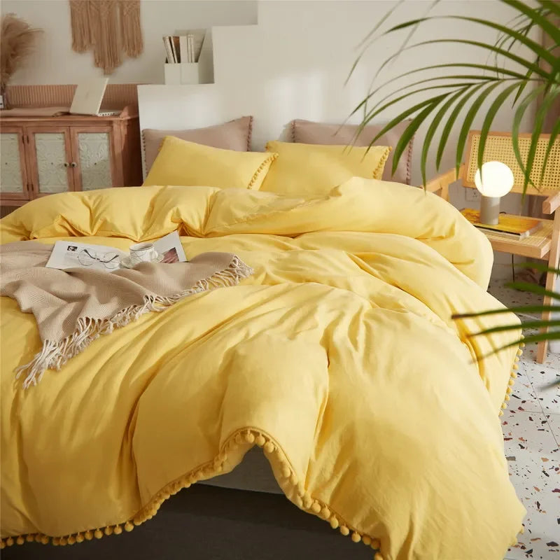 Funda de edredón suave y lavada, Juego de 3 piezas, funda de almohada, juego de ropa de cama para Twin, Full, Queen, King Size, decoración de pompones