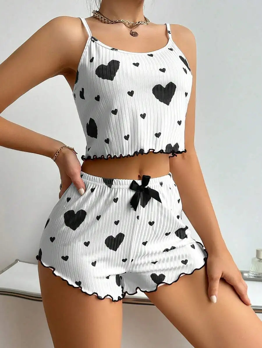 Conjunto de Pijama de Verano para Mujer, Transpirable, Suave, Informal, con Estampado de Amor, Pantalones Cortos con Tirantes, Lencería Sexy