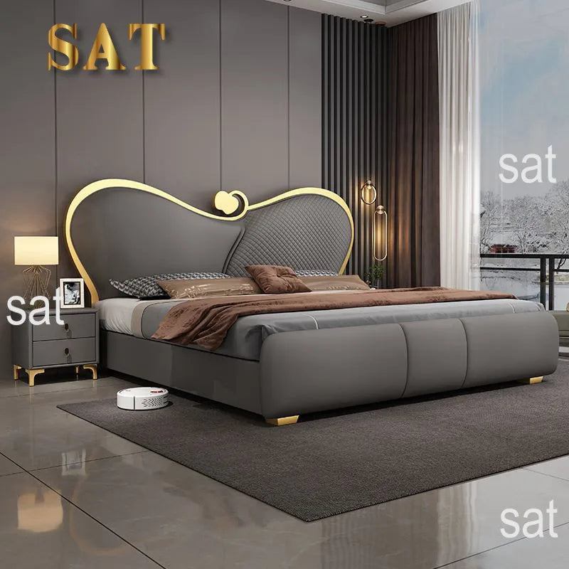 SAT. Cama Doble Moderna y Creativa de Lujo Ligero, Cama Suave, Estructura de Cama King Size y Queen Size, Juego de Muebles de Dormitorio de Alta Gama