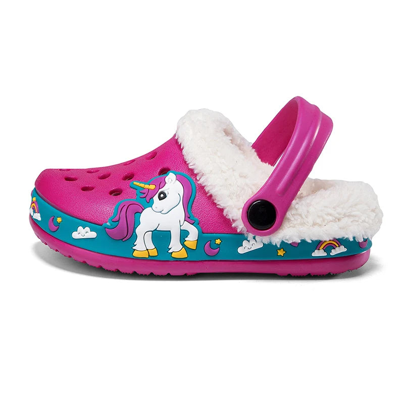Sandalias de invierno para niños, zapatillas de piel para niños, zapatos para niñas, zuecos antideslizantes, sandalias bonitas de dibujos animados para niñas, zapatos para niños