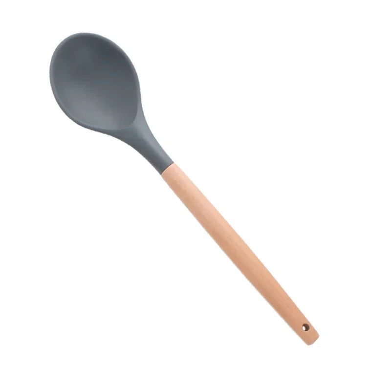 Utensilios de cocina de silicona con mango multifunción de madera, espátula antiadherente, cucharón, batidor de huevos, pala, rosa, nuevo