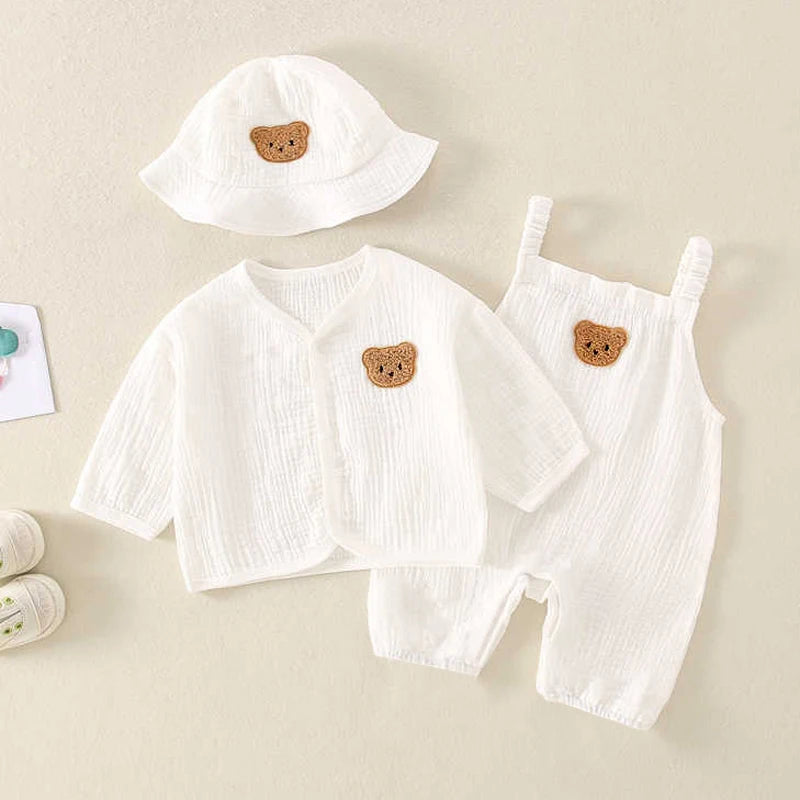 Mono de muselina para bebé, abrigo, sombrero, oso, conjunto de ropa de verano para bebé, abrigo para niño, pelele, traje blanco para niño pequeño, ropa infantil 0-3T, 3 uds.