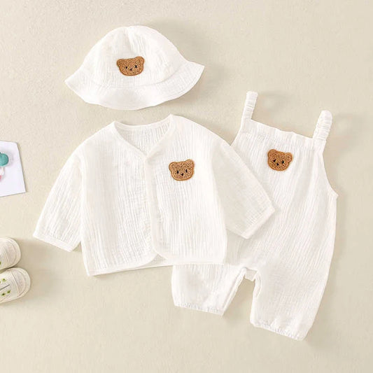 Mono de muselina para bebé, abrigo, sombrero, oso, conjunto de ropa de verano para bebé, abrigo para niño, pelele, traje blanco para niño pequeño, ropa infantil 0-3T, 3 uds.