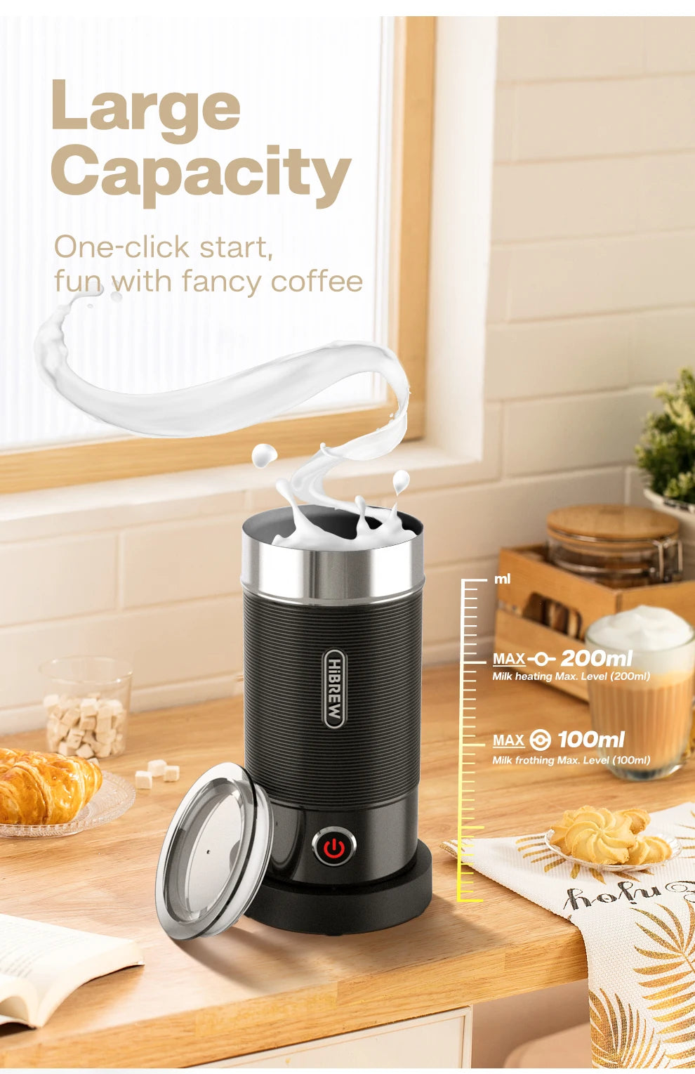 HiBREW Espumador de leche Espumador Mezclador de chocolate Latte frío/caliente Capuchino Calentador de leche completamente automático Cool Touch M1A
