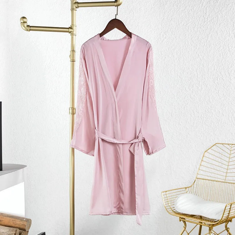 Sexy Intimate Lingerie Perspective Nightwear Lace Patchwork Home Wear Robe Suit Lady Kimono Gown Sleepwear Satin Nighty Bathrobe