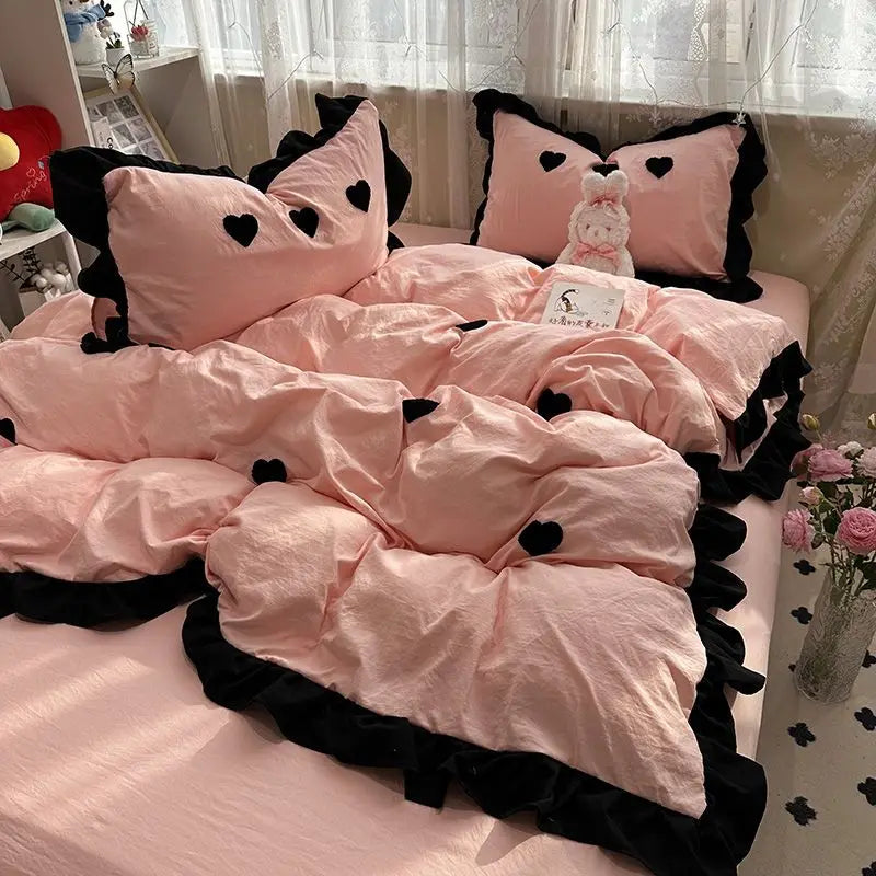 Juego de cama con lazo rosa Ins, funda nórdica con volantes, juego de sábanas planas, juego de ropa de cama de princesa para mujeres y niñas, ropa de cama individual doble Queen