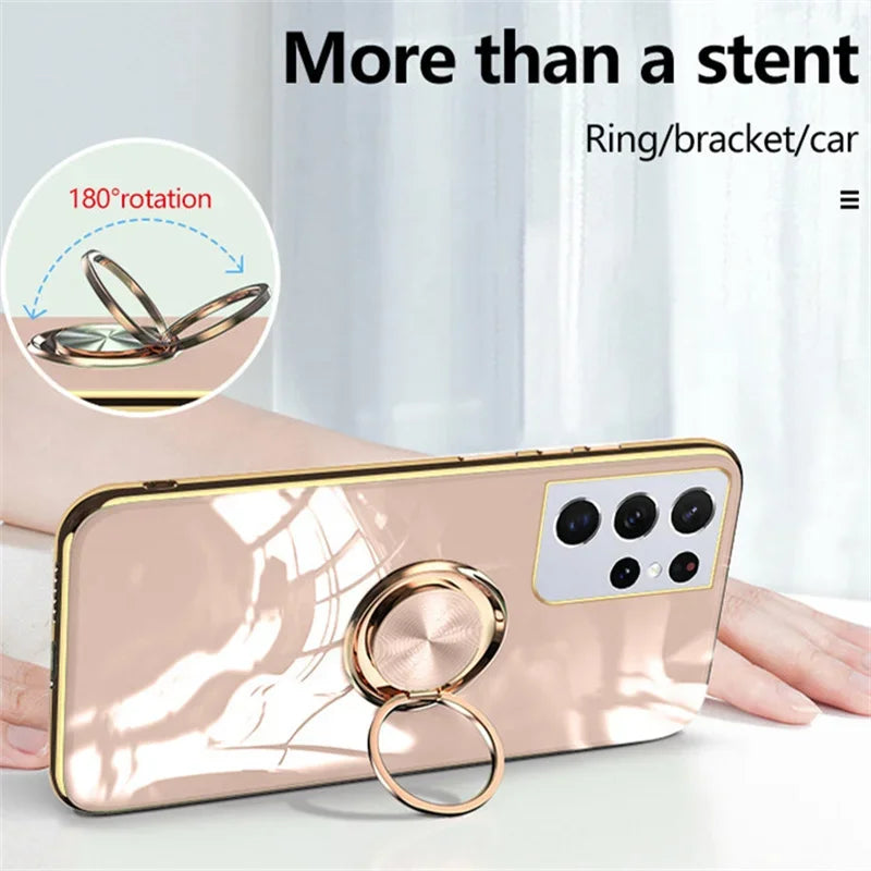 Funda de teléfono con soporte de anillo de TPU de lujo para Samsung Galaxy S25 S24 S23 S22 S21 S20 Note 20 Ultra Plus FE, funda protectora trasera a prueba de golpes