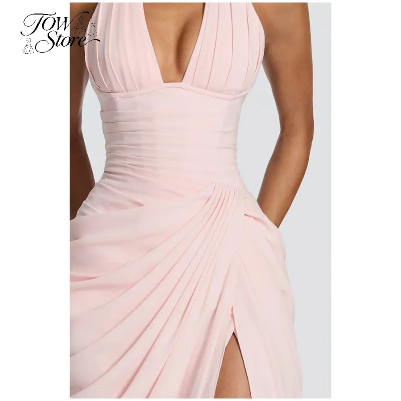 Vestido Maxi Plisado Sólido Sexy con Cuello Halter para Mujer, sin Mangas, sin Espalda, con Cintura Ajustada y Abertura, Vestidos de Fiesta de Verano 2026