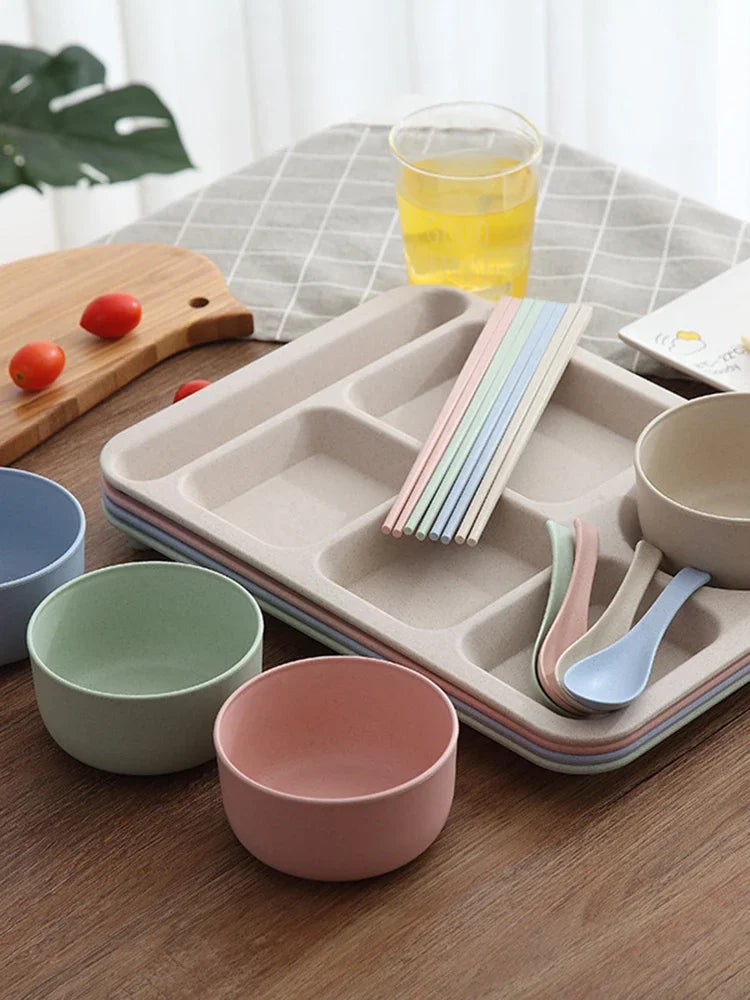 1 Juego de platos de comida para estudiantes, cuencos de comida rápida, platos de comida anticaída para el hogar, plato de separación, juego de tazas, juego de cena, assiette de servicio