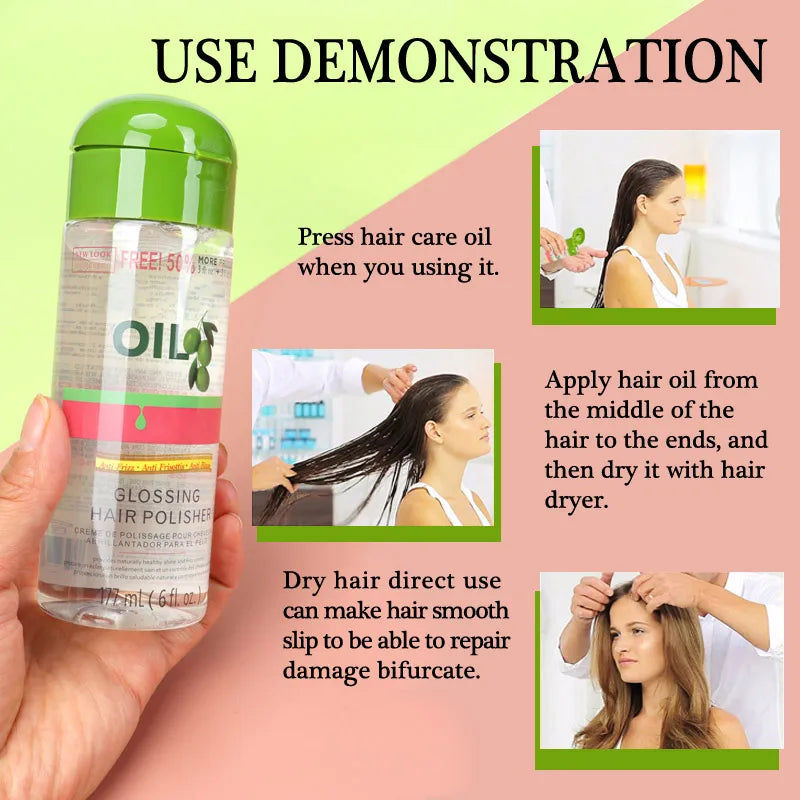 Aceite de oliva, Control del Frizz y brillo, pulidor de brillo, 6 onzas, aceite brillante para el cabello, uso diario, buen olor, aceite suave y saludable