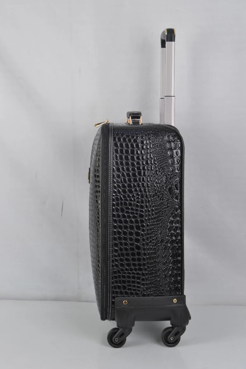 Equipaje rodante de cuero con patrón de cocodrilo, maleta con ruedas de embarque de 16/20/24 pulgadas, equipaje de viaje de cuero real para hombres y mujeres