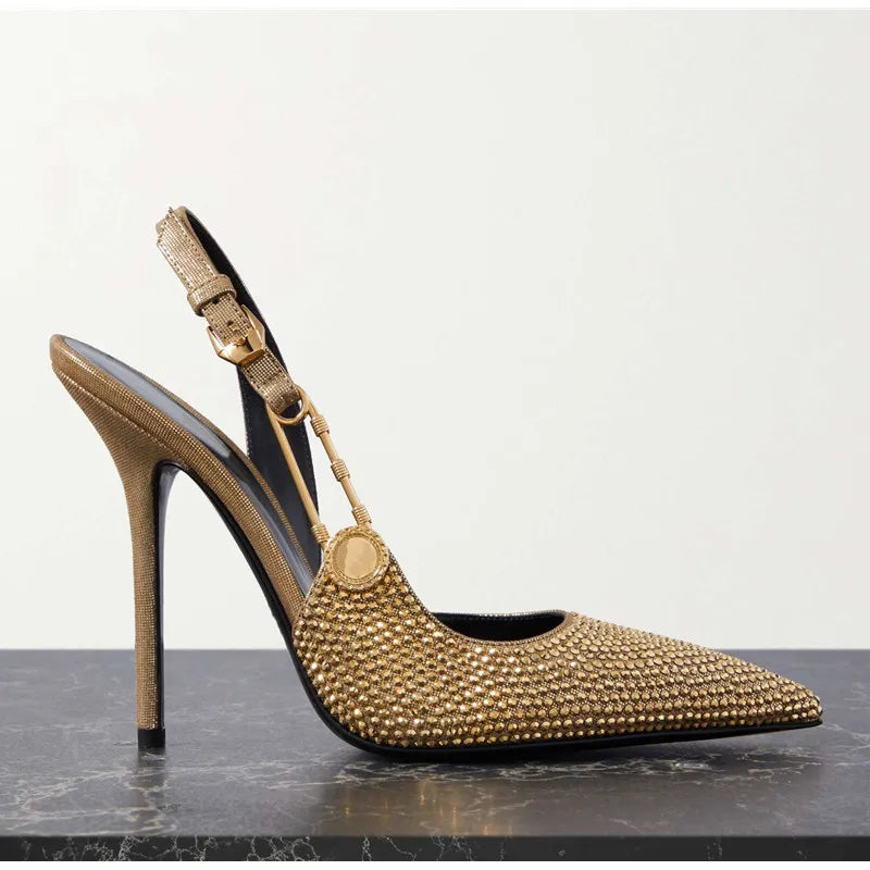 Zapatos de tacón de lujo con hebilla de lentejuelas y diamantes de imitación para mujer, zapatos de tacón alto de aguja con punta estrecha, zapatos de moda para primavera y verano