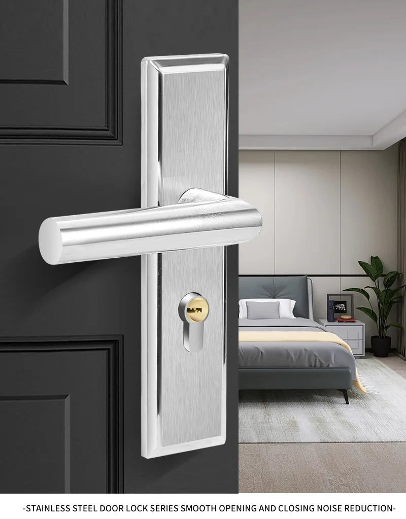 Juego de cerradura de puerta de acero inoxidable 304, manija de palanca de puerta Interior silenciosa para dormitorio, baño, manija de prensa, cerradura para puerta de madera maciza